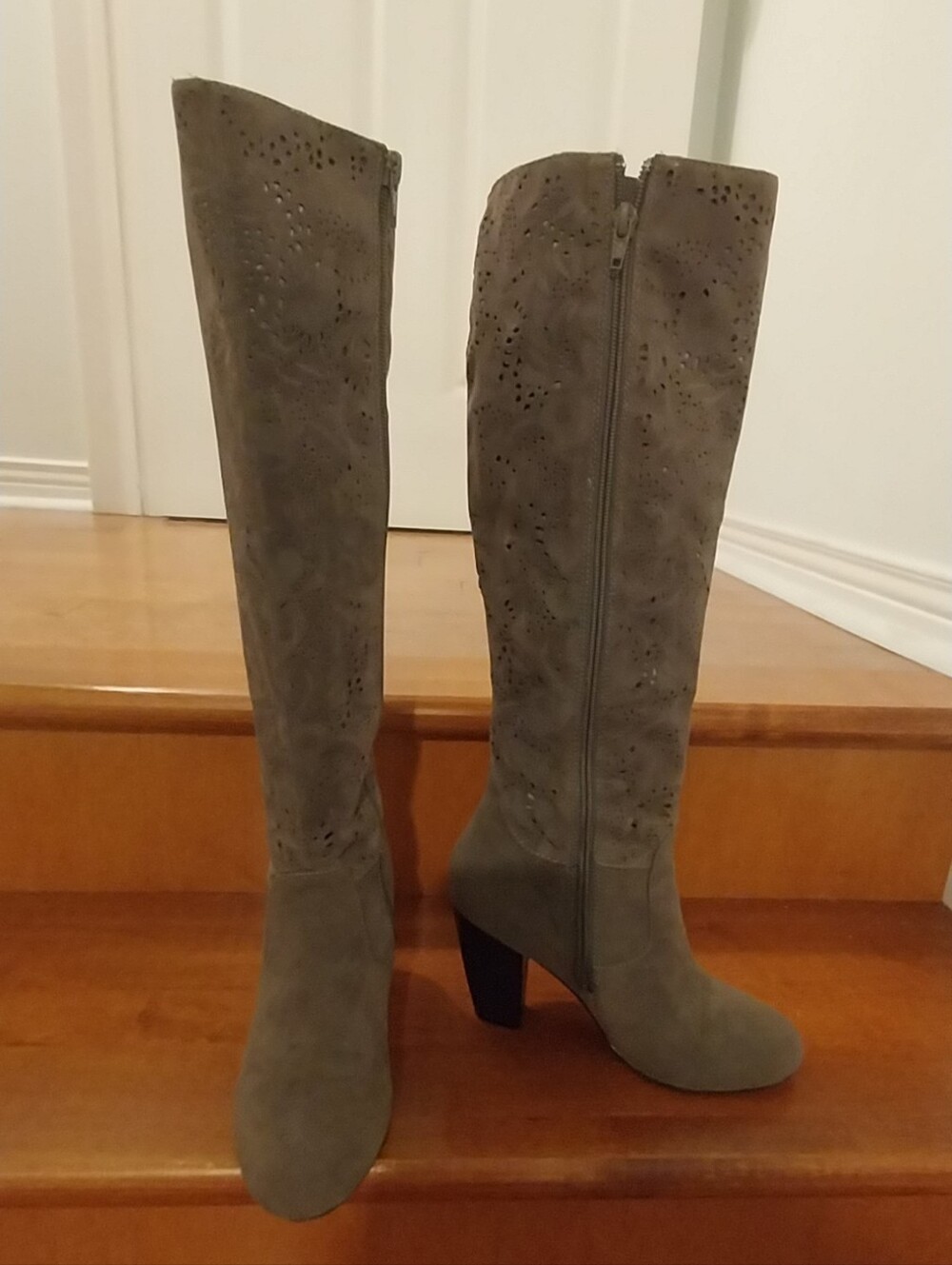 Women's Knee High Perforated Suede Boots in Gray